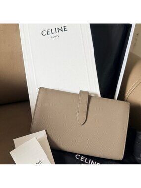 Celine Large Strap Wallet in Grained Calfskin Pebble Taupe/Gray Authentic